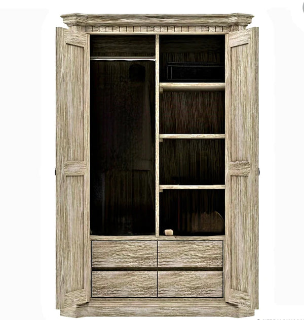 Nimbus Rustic Solid Wood Hand-Carved Armoire With 4 Drawers