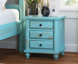 Hand Carved Turquoise Solid Mango Wood 3 Drawer Bedside / Nightstand