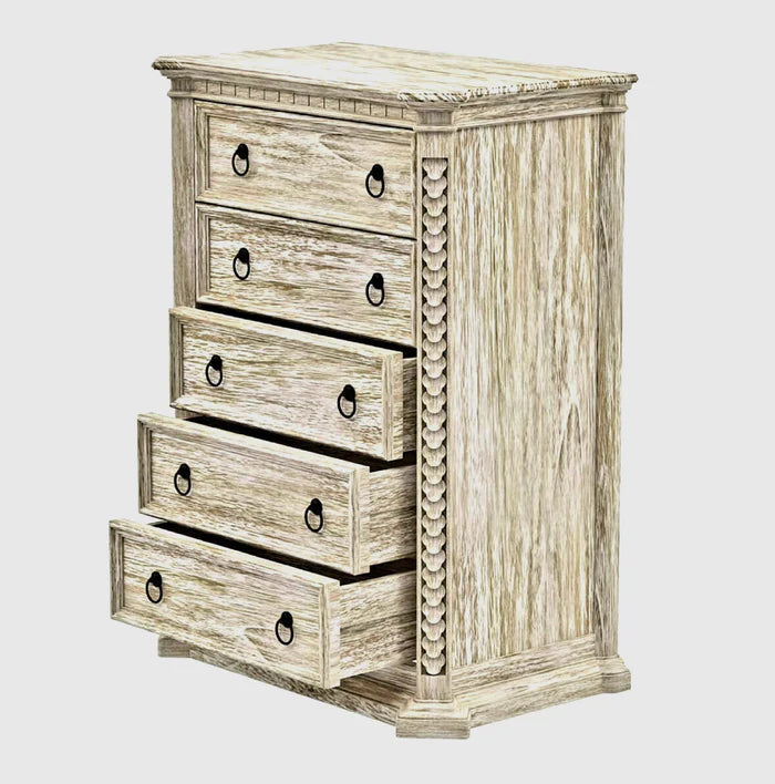 Nimbus Hand Carved Solid Wood Tall Dresser With 5 Drawers