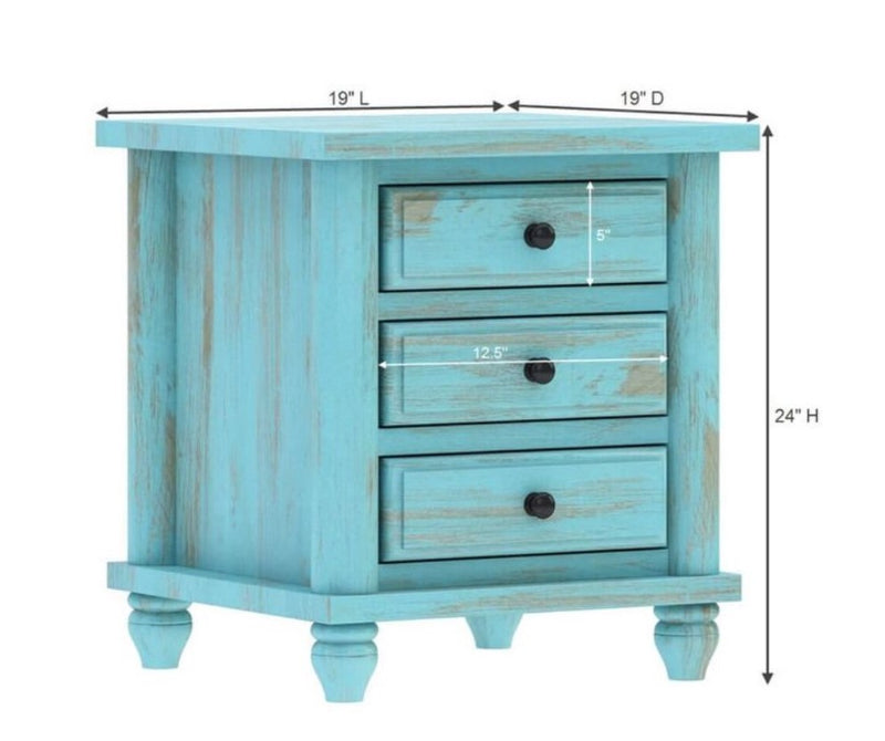 Hand Carved Turquoise Solid Mango Wood 3 Drawer Bedside / Nightstand