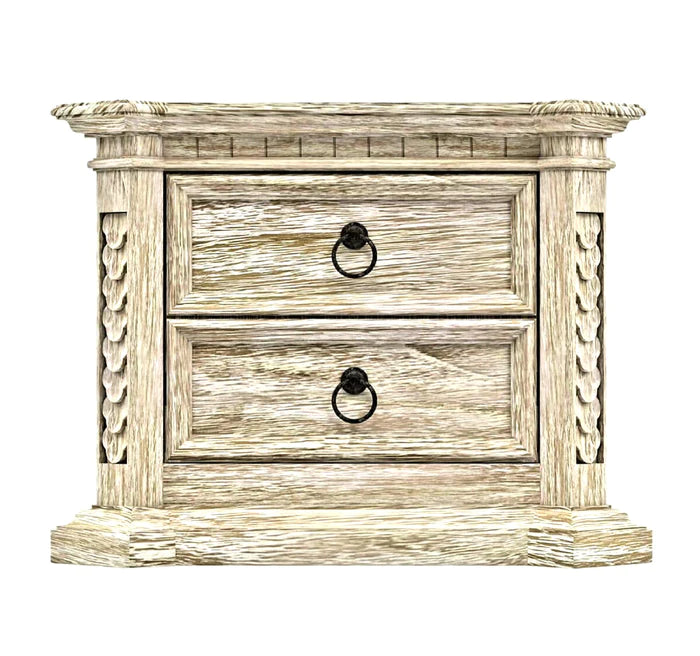 Nimbus Rustic Solid Wood Hand-Carved Nightstand With 2 Drawers