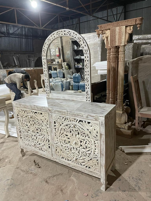 Lombok Hand Carved Wooden Six Drawer Dresser With Mirror