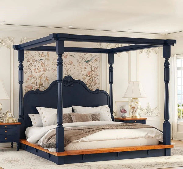 RECTO Two Tone Solid Wood Hand Carved Headboard Platform Canopy Bed