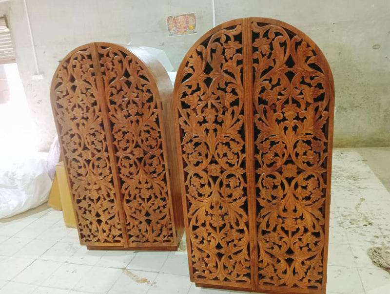 Sitra Arched Natural Floral Hand Carved Wood  Storage Cabinet