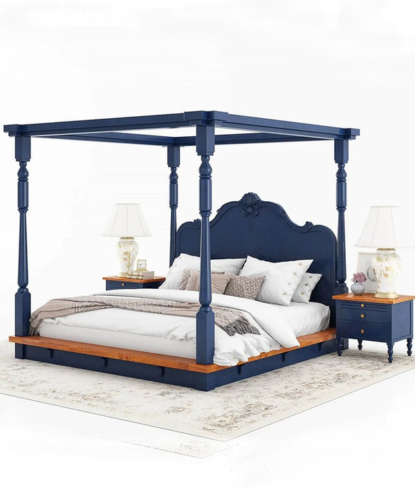 RECTO Two Tone Solid Wood Hand Carved Headboard Platform Canopy Bed