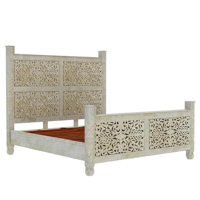 Floral Hand Carved Moroccan Style Flatform Bed