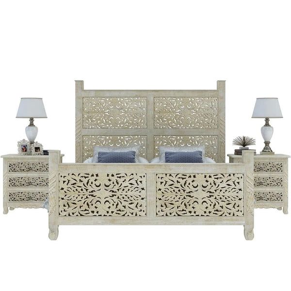 Floral Hand Carved Moroccan Style Flatform Bed