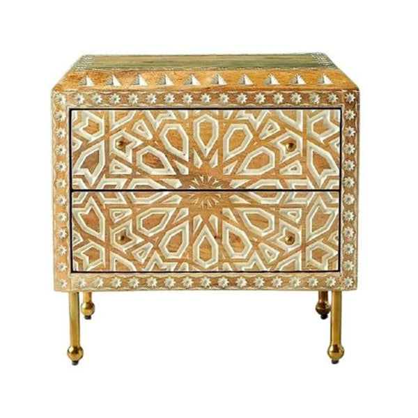 Mughal Garden Geometrical Carved Natural 2 Tone Bedside / Nightstand