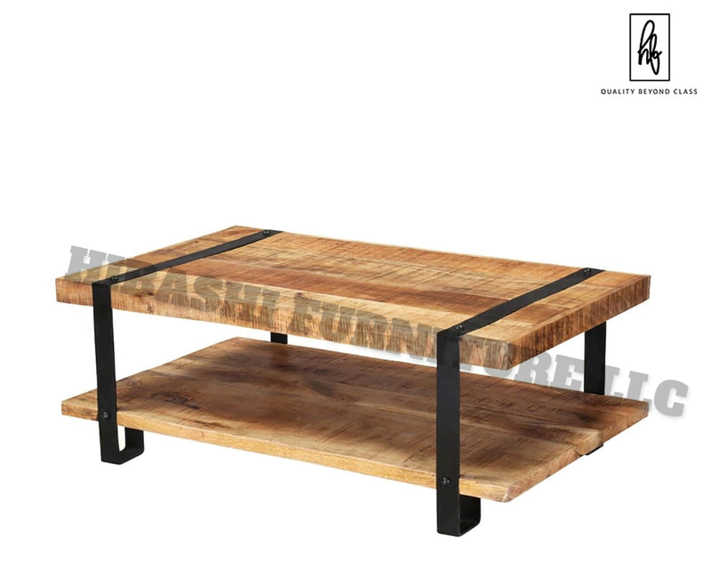 Mesa de centro industrial de 2 niveles de madera de mango rústico LAHI