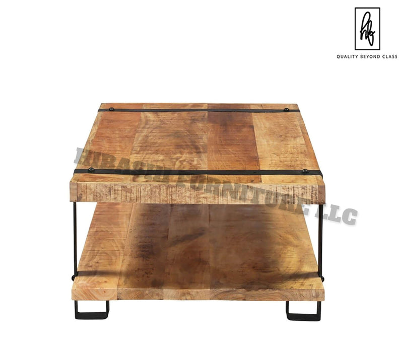 Mesa de centro industrial de 2 niveles de madera de mango rústico LAHI