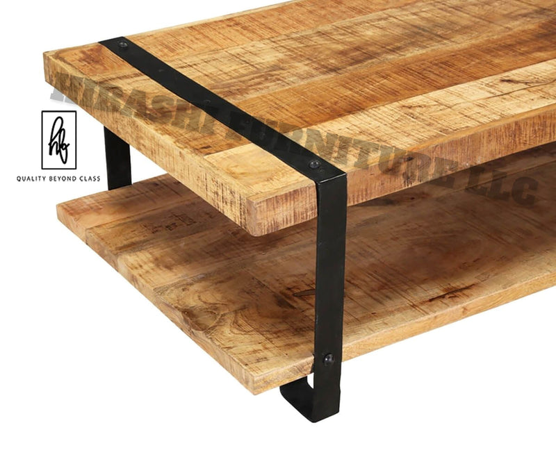 Mesa de centro industrial de 2 niveles de madera de mango rústico LAHI