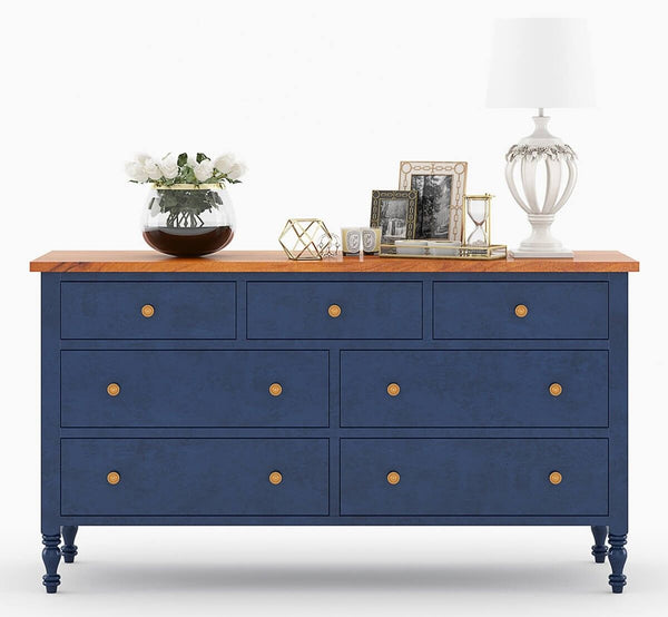 RECTO Blue Two Tone Solid Wood 7 Drawer Bedroom Dresser