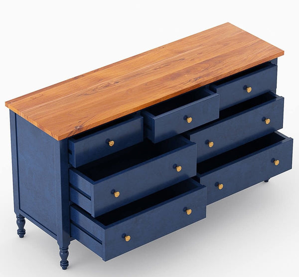 RECTO Blue Two Tone Solid Wood 7 Drawer Bedroom Dresser