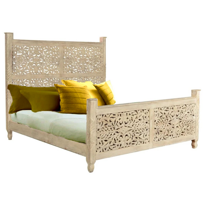 Sasha - Estructura de cama de madera maciza india tallada a mano floral 1
