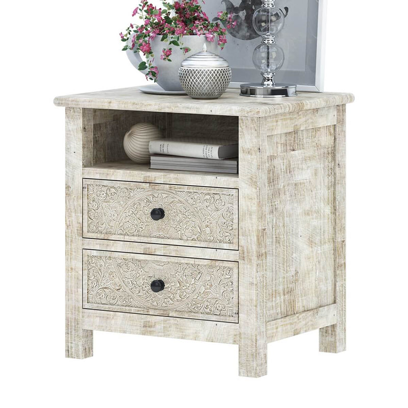 Sunflower Hand carved Solid Wood White Nightstand With Drawer