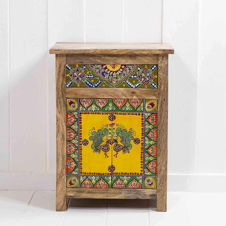 Hand Painted Wooden Bedside Table and Cabinet