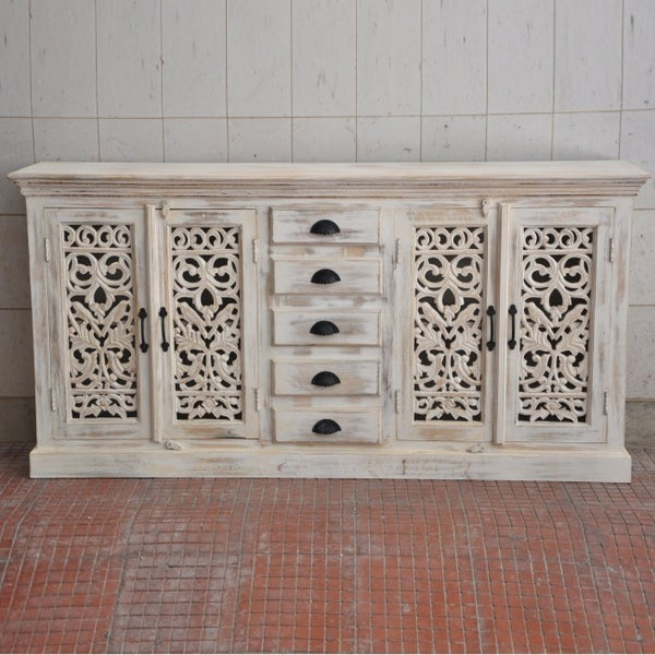 Jali Solid 5 Drawers Wooden Sideboard White Wash 180-40-90