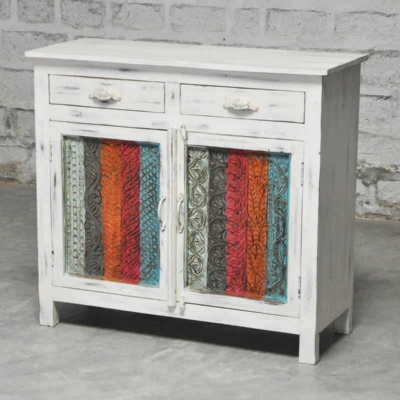 Rainbow Carved 2 Door Wooden Sideboard White Wash 100-40-90