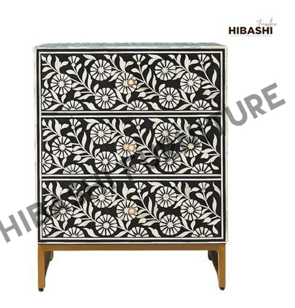 Riffa Bone Inlay Sun Flora Design 3 Drawers Handmade Entryway Table